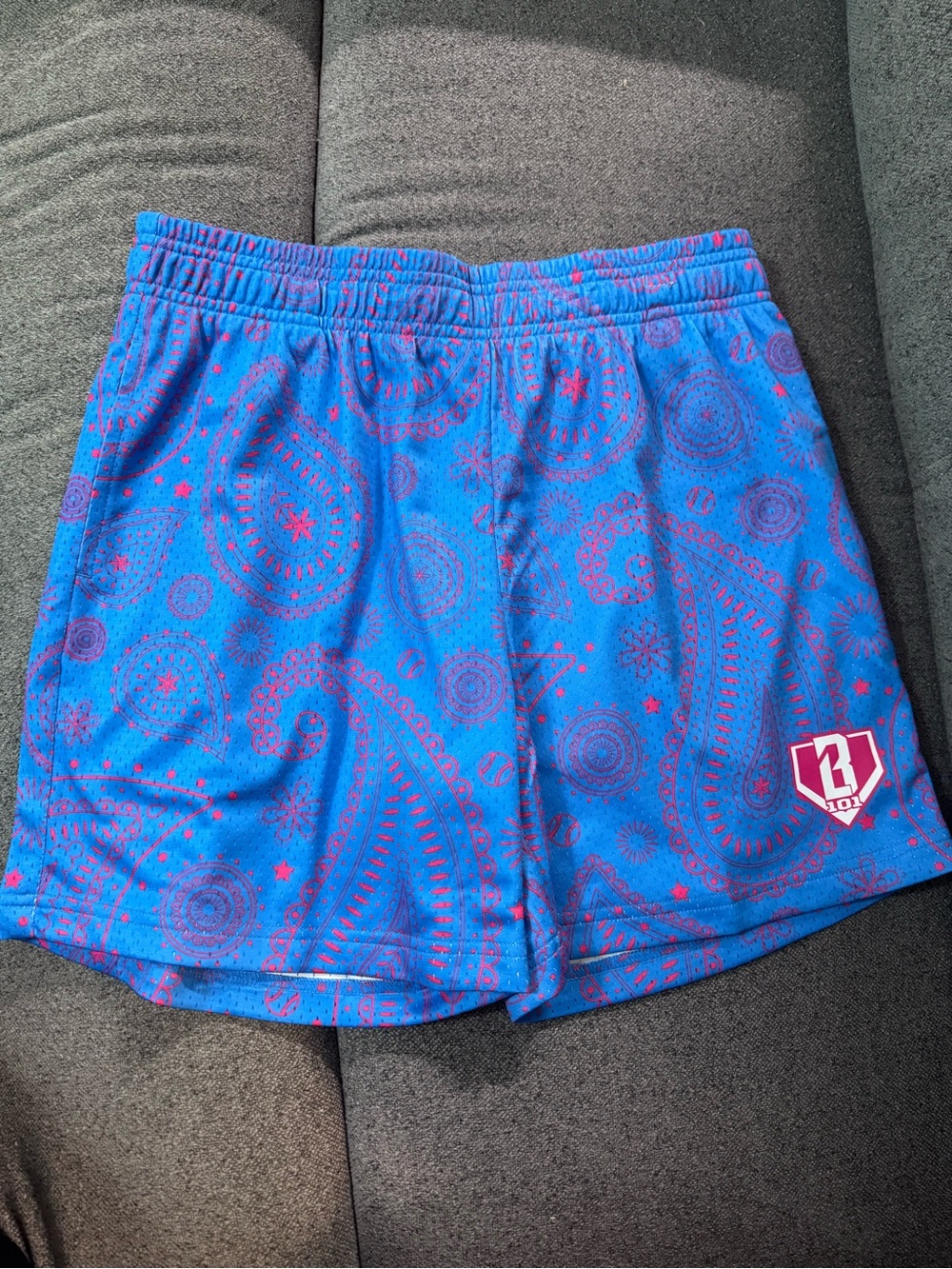Kids Blue Paisley Athletic Shorts with Pink Accent Logo